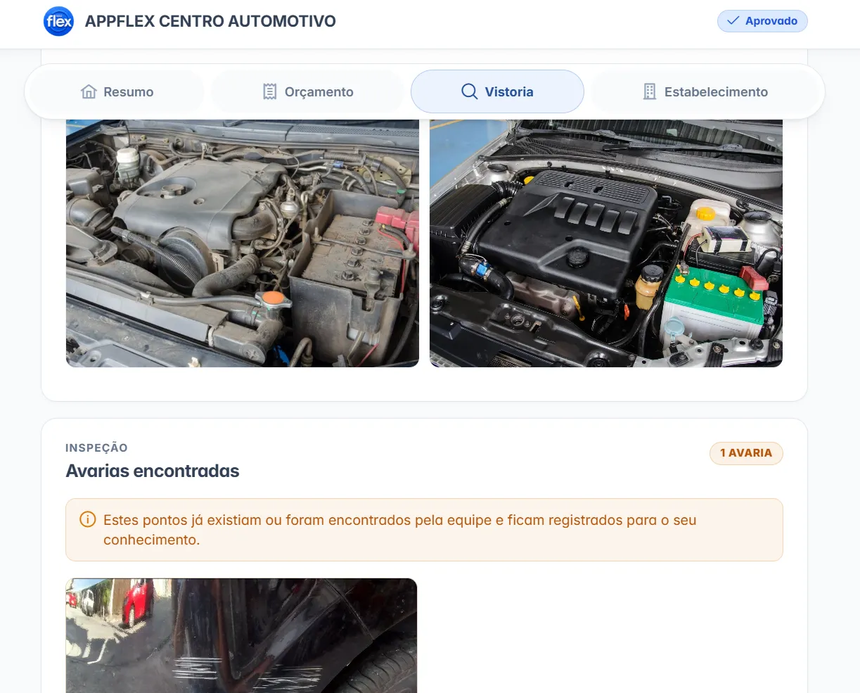 Vistoria aberta no celular do cliente: fotos do motor antes e depois e o bloco de avarias encontradas, com aviso de que os pontos ficam registrados.